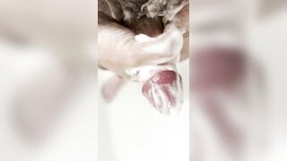Soapy Jerk Off, standing in bathtub, uncut closeup, foreskin. Amateur Solo Home movie.