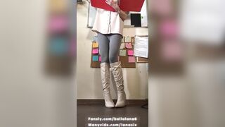 Teacher is squirting in leggings and boots during the time that teaching, lovense in butt, moist feet and boots