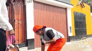 A CHOLONA CLEANING WORKER GETS UP, LIMA-PERU