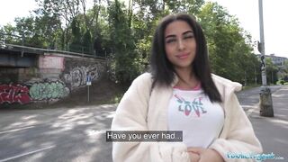 Public Agent small British Brunette hair Sucks and Bangs after Almost Getting Run Over by a Runaway Taxi