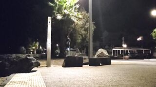 Taking a shower in watch-throughout underclothes on the boardwalk at night