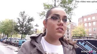 Amateur brunette hair with glasses is sucking a lustful stranger's wang and getting it from the back