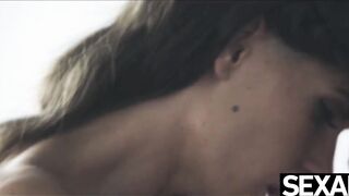 Brunette hair's large natural boobs jiggle as this babe sucks and screws