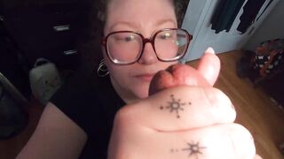 Chunky white cutie with Glasses chokes on rod and swallows cum