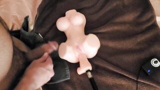 Masturbating to a sex doll getting drilled by a sextoy machine