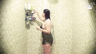 Oozing juicy in garments on shower & seductive hair washing