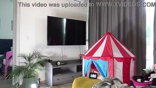 Hawt and excited brunette hair wench likes to give creamy and oily handjobs to dongs in a tent within a uniform miniskirt