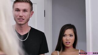 Plastic blond stepmom w biggest bazookas teaches newbies