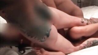 Cuckold spouse taping his wife banging two of his allies