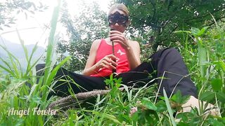 Lustful Slender hotty bang herself with selfie stick in mountain trekking - Gal Fowler