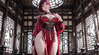 Purple-haired War Maiden in high-slit kimono, kneeling to tease your eyes with a fiery gaze and a soaked, forbidden whisper.