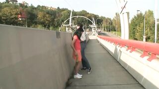 Cute brunette hair drilled by her stepdad outdoors
