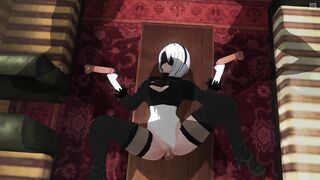 CG ANIME 2B screws 3 boyz at one time
