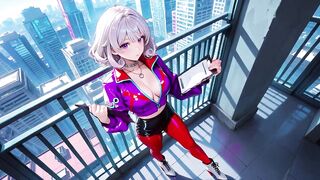 Teasing in a purple bodysuit on the skyscraper balcony, pulling down her collar to disclose interior layers.