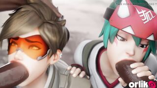 Tracer & Kiriko - Large Ebony Dong Sloppy Oral pleasure & Cowgirl CG Animation