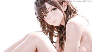 Forest Elf's Intimate Dream! Green off-shoulder Outfit, Kneeling and Arching Thighs Against a Stark White Backdrop.