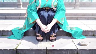 Golden-haired in a Green Kimono! Idle Terrace Reading, off-shoulder Design Is Likewise Sinful!