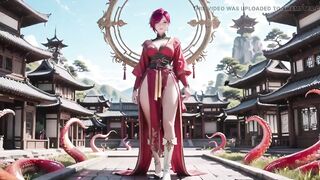 Purple-haired War Maiden in High-slit Kimono, Kneeling to Tease Your Eyes with a Fiery Gaze and a Juicy, Forbidden Whisper.