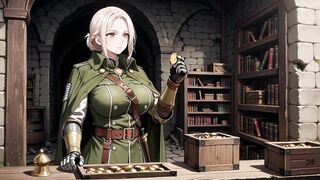 Blond Knight's Afternoon! Green Uniform Golden Mechanical Arms, Slowly Contemplating in Ancient Stone Ruins.