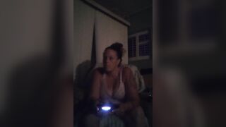 Filming my large tit girlfriend whilst this babe's lewd playing movie games with her lengthy brunette