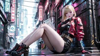 Red Leather Jacket Glistening Beneath Neon Rain, Kneeling Pose That Breaks the Armor