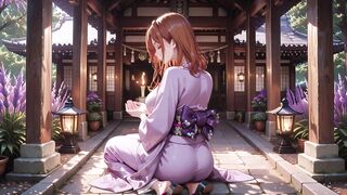 Red-haired Kimono Dominatrix-bitch! Kneeling Beneath the Sacred Torii Gate, That babe Adjusts Her Wet Backless Outfit with a Shy Gaze.