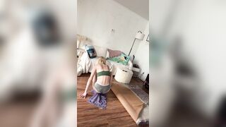 Fit slender golden-haired upper body workout in pants (watch greater amount on OnlyFans)
