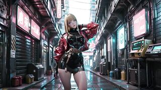 Cyber Queen's Soaked Dream! Red leather jacket glistening beneath neon rain, kneeling pose that breaks the armor