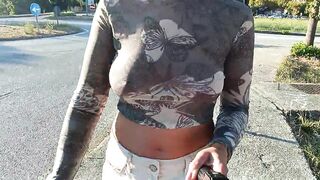 braless walk, flashing tits in public