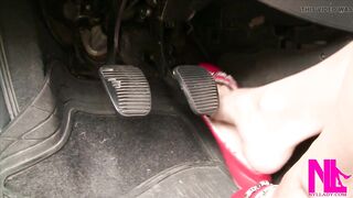 Hawt Barefeet Pedal Pumping in Scarlet Buckled Flats