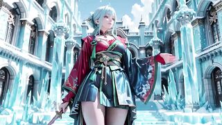 Ice Throne! Silver-haired Mage in Red-Green Gown Kneeling, Blue-Haired Partner Teasing in Snowy Kingdom!
