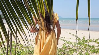No Brassiere No Pants on Publilc Beach # Red Ass Plug below Yellow costume