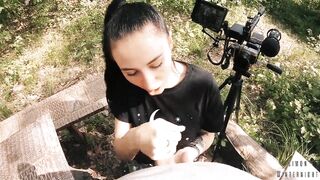 Ebony Lynn Sucks Me and Swallows My Cum - Outdoor Fellatio Filming Backstage - POV