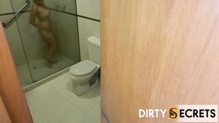 MY BOSS CATCHES HER SPOUSE SCREWING ME IN THE WASHROOM WITH MY FACE FULL OF CUM.