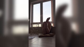 Marvelous teasing yoga in red pants butt
