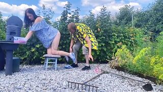 Wicked GF gets banged hard outdoors on a stool
