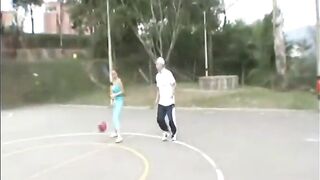 Breasty cute tiny teen Paris Milan plays on the court