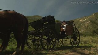 Carriage Sex in the Wild West - Bushy Brunette hair in a Corset Rides Shlong