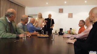 Hot teen waitress is group-fucked by a group of grandpas