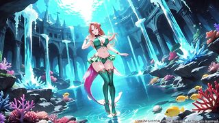 Red-haired Mermaid Princess's Intimate Voyage in the Underwater Palace, Green Bikini hugging her curves, Heeled Boots on soft sand,