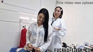 brunette hair vs curvy body panties and medical gown slow