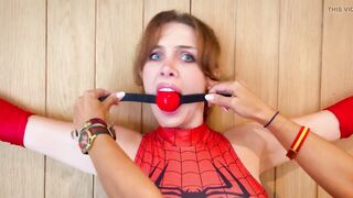 Kiki Daniels on Hose Spiderwoman Trapped on Her Pvc Boots!ballgagged, Eagle Tie and Hogtied