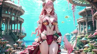 Unfathomable Sea Dream! The Pink-Haired Mermaid Queen lounges in the azure palace.