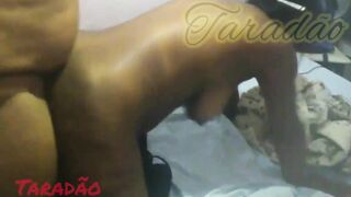 Ebony whore groaning, cumming, and taking cum in her booty.