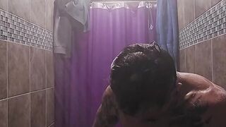Showering transguy in mens public showers