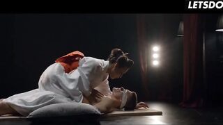 Footjob in Wooden Sandals, Then This babe Deepthroats Him Blindfolded on Stage