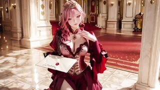 The Pink Queen's Coronation! Unfathomable red silk, golden goblet, and a slothful gaze from the throne. Pure dream.