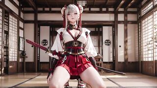 Red & White Kimono Warrior! Kneeling on Tatami with Dual Blades, Silver-Haired Hotty's Mesmerizing Gaze.