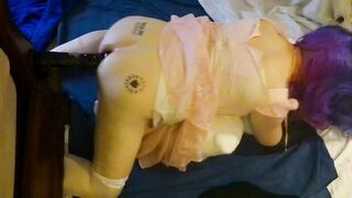 Femboy in Cute Pink Costume Doggy Rides BBC Sex toy & Anal Gapes