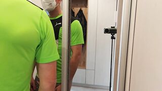 Masked Fitness Chap Showing Off His Muscles in Constricted Shirt